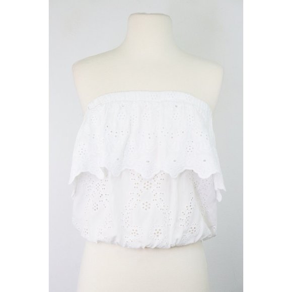 Young Fabulous & Broke Tops - Young Fabulous & Broke Caicos Strapless Top Eyelet Lace Ruffle Crop White Small